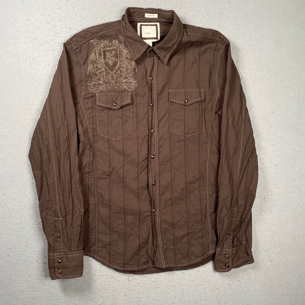 Y2K BKE Pearl Snap Shirt Mens Large Brown Slim Fit Crest Snap Front Western